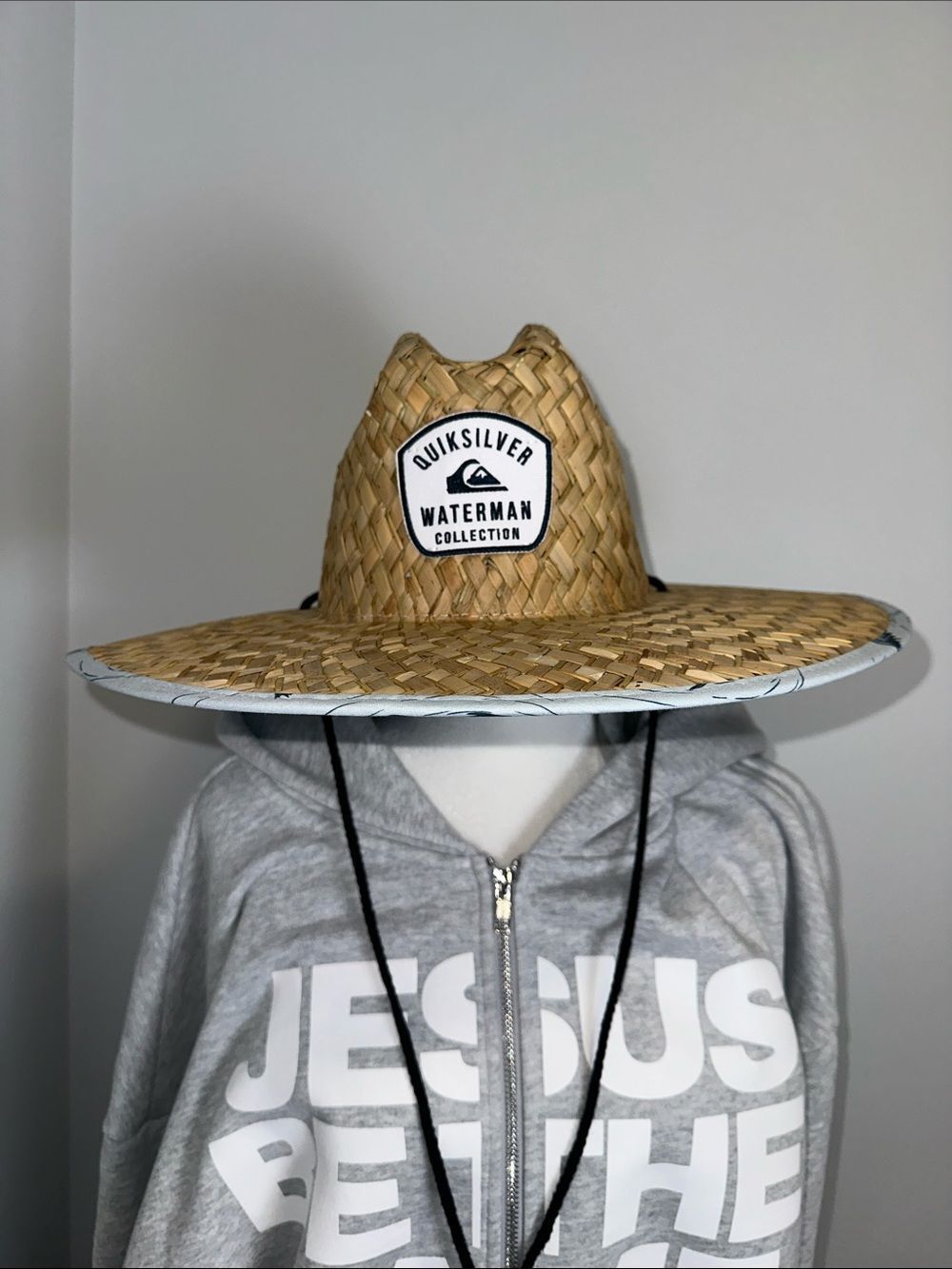 HURLEY Men’s Waterman Wide Brim Straw Drawstring Hat Light Navy Blue Fish Print